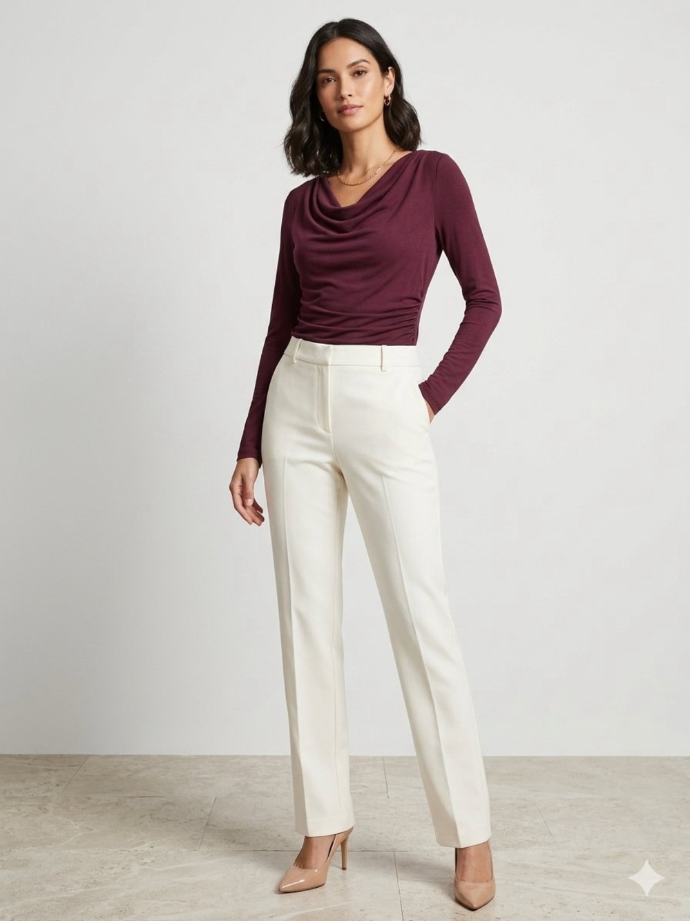 Ann Taylor Burgundy Draped-Neck Long-Sleeve Top